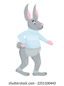 Vector illustration of funny cartoon Bunny in a knitted sweater. Cute gray rabbit in a light blue sweater. Vector illustration in flat style isolated on white background.