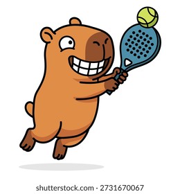Vektorgrafik einer lustigen Cartoon capybara spielen Padel Tennis mit großer Begeisterung und Energie. Der süße anthropomorphe Tiercharakter wird in einem dynamischen Mittelluftsprung dargestellt, der einen blauen Padel-Schläger mit sichtbaren Löchern hält und einen gelb-grünen Tennisball trifft. Die Capybara hat hellbraunes Fell, kleine Ohren und ein unverwechselbares freundliches Gesicht mit einem breiten, zahnhaften Lächeln und ausdrucksstarken Augen, die Freude und Wettbewerbsfähigkeit ausstrahlen. Dieses flache Design-Zeichenkunst verfügt über dicke schwarze Umrisse und kräftige Farben, sodass es deutlich auf dem isolierten weißen Hintergrund abhebt. Das Bild zeichnet das Konzept von aktivem Lifestyle, Fitness und Freizeitsport perfekt auf. Dieses Maskottchen ist ideal für Padel-Clubs, Tennisturniere, Sportgeräte-Branding, Kinder-Coaching-Programme, Aufkleber und Werbematerialien. Das Kunstwerk betont Bewegung, Agilität und den Spaß am Schlägersport. Der fröhliche Nagetiersportler steht für Erfolg, Gesundheit und Freizeitaktivität und spricht sowohl Kinder als auch Erwachsene an. Das hochwertige Grafikdesign eignet sich für Print-, Web-, Merchandise- und Werbekampagnen, die sich auf Schlägerspiele, Sommeraktivitäten und gesunde Hobbys konzentrieren. Die spielerische Natur der Capybara verleiht jeder sportbezogenen Projekt- oder Wettkampfankündigung einen humorvollen und einladenden Touch.