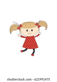 Vector illustration - funny cartoon carefree girl in a polka-dot dress and bows