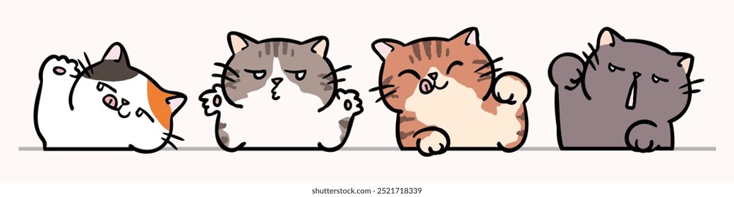 Vector Illustration of Funny Cartoon Cat Head Characters on Isolated Background