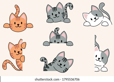 Vector illustration of funny cartoon cats, Collection of cat faces that spy on you. Vector silhouette of cats on cream background.eps 10 vector.