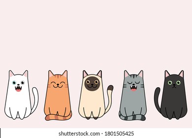 Vector illustration of funny cartoon cats breeds set. Cats collection, Vector silhouette of cats on pink background.