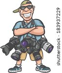 Vector illustration of funny cartoon character - happy photographer with lots of cameras. Easy-edit layered vector EPS10 file scalable to any size without quality loss.