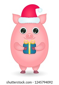 Vector Illustration. Funny Cartoon Character. Smiling Pig in Santa Hat Holding Gift Box. Christmas and New Year Celebration Concept