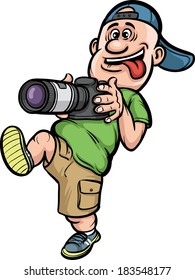 Vector illustration of funny cartoon character - walking photographer. Easy-edit layered vector EPS10 file scalable to any size without quality loss.