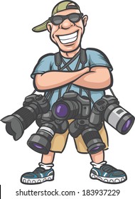 Vector illustration of funny cartoon character - happy photographer with lots of cameras. Easy-edit layered vector EPS10 file scalable to any size without quality loss.