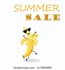 Vector illustration of a funny cartoon character banana in glasses, with an open peel, lettering summer sale. Summer time, summer vibes.