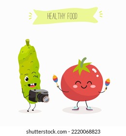 Vector illustration of funny cartoon character tomato and cucumber have fun, play maracas, shoot, take pictures on camera, healthy food, kitchen, ingredients, kids t-shirt design.
