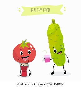 Vector illustration of funny cartoon character cucumber and tomato, playing african, ethnic drum, sipping cocktail, healthy food, ingredients, kids t-shirt design.