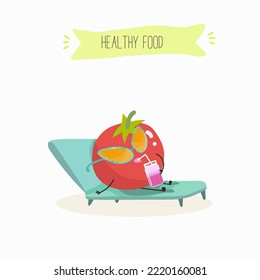 Ilustración vectorial del divertido personaje de caricatura tomate tomando el sol en una tumbona, comida saludable, ingredientes, diseño de camisetas para niños.