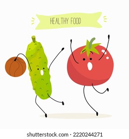 Vector illustration of funny cartoon character of tomato and cucumber, basketball game, healthy food, ingredients, kids t-shirt design.