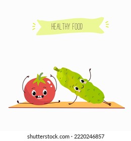 Vector illustration of funny cartoon character of cucumber and tomato doing exercises, yoga, stretching, healthy food, ingredients, kids t-shirt design.