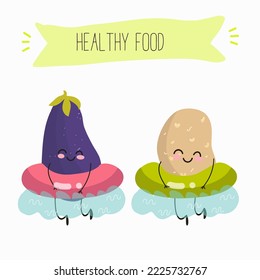 Vector illustration of funny cartoon character potato and eggplant on inflatable circles, healthy food, kitchen, ingredients, kids t-shirt design.