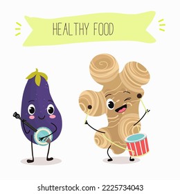 Vector illustration of funny cartoon character eggplant and Jerusalem artichoke playing banjo and drum, healthy food, cuisine, ingredients, kids t-shirt design.