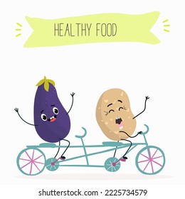 Vector illustration of funny cartoon character eggplant and potato ride bike, tandem, healthy food, cuisine, ingredients, kids t-shirt design.