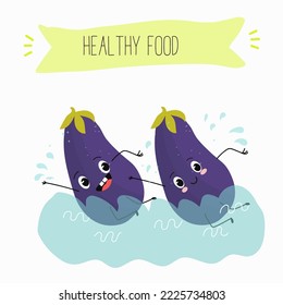 Vector illustration of funny cartoon character eggplant swim, rest, healthy food, cuisine, ingredients, kids t-shirt design.