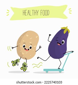 Vector illustration of funny cartoon character potato and eggplant riding scooter and roller skates, healthy food, cuisine, ingredients, kids t-shirt design.