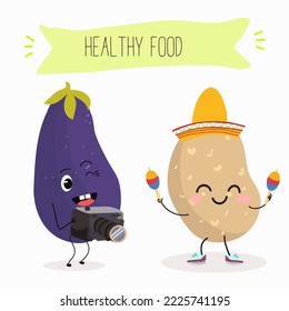 Vector illustration of funny cartoon character potato and eggplant shoot shots, play maracas, ingredients, kids t-shirt design.