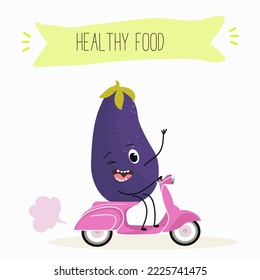 Vector illustration of funny cartoon character eggplant riding a scooter, ingredients, kids t-shirt design.