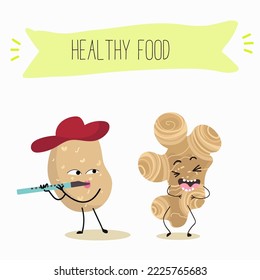 Vector illustration of funny cartoon character potato playing flute, Jerusalem artichoke having fun, ingredients, kids t-shirt design.