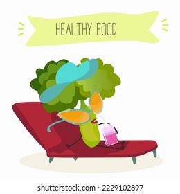 Vector illustration of a funny cartoon character broccoli sunbathing on a lounger with glasses and a hat, healthy food, cuisine, ingredients, children's t-shirt design.