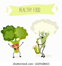 Vector illustration of funny cartoon character broccoli and cauliflower, playing saxophone, healthy food, cuisine, ingredients, kids t-shirt design.