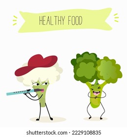 Vector illustration of funny cartoon character broccoli and cauliflower, play flute, laugh, healthy food, cuisine, ingredients, kids t-shirt design.