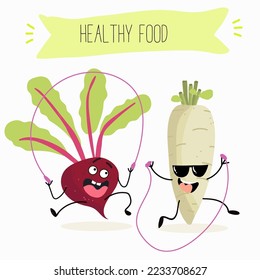 Vector illustration of funny cartoon character of beetroot and radish, jump rope, healthy food, kitchen, ingredients, kids t-shirt design.