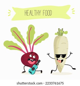Ilustración vectorial de graciosos personajes de dibujos animados de rábano y remolacha, tocando ukulele, guitarra, comida saludable, cocina, ingredientes, diseño de camisetas para niños.