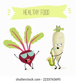 Vector illustration of funny cartoon character beetroot, radish playing saxophone, healthy food, kitchen, ingredients, kids t-shirt design.