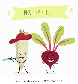 Vector illustration of funny cartoon character beetroot, radish playing flute, healthy food, kitchen, ingredients, kids t-shirt design.