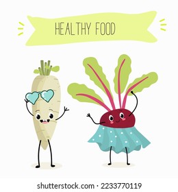 Ilustración vectorial de la graciosa remolacha de personaje de dibujos animados, comida saludable rábano, cocina, ingredientes, diseño de camisetas para niños.