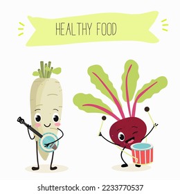 Vector illustration of funny cartoon character beetroot, radish play musical instruments banjo and drum, healthy food, kitchen, ingredients, kids t-shirt design.