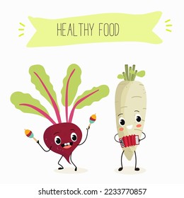 Vector illustration of funny cartoon character beetroot, radish play musical instruments maracas and accordion, healthy food, cuisine, ingredients, kids t-shirt design.