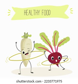 Vector illustration of funny cartoon character beetroot, radish twist hoops, healthy food, kitchen, ingredients, kids t-shirt design.