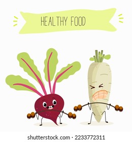 Vector illustration of funny cartoon character beetroot, radish lift the barbell, healthy food, cuisine, ingredients, kids t-shirt design.