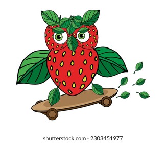 vector illustration of funny cartoon character strawberry owl on a skateboard