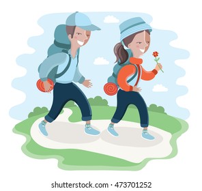 Vector illustration of funny cartoon character. Kids tourists boy and girl scouts