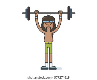 Vector illustration of funny cartoon character sportsman with a barbell. 
