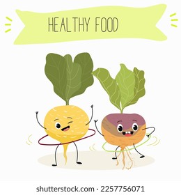 Vector Illustration with funny cartoon characters swede, rutabaga, turnip. Funny and healthy food. Vitamins, cute face food, ingredients, vegetarian, vector cartoon, antioxidant.