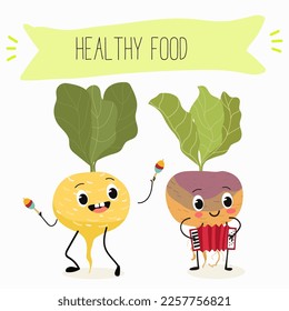 Vector Illustration with funny cartoon characters swede, rutabaga, turnip. Funny and healthy food. Vitamins, cute face food, ingredients, vegetarian, vector cartoon, antioxidant.
