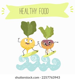 Vector Illustration with funny cartoon characters swede, rutabaga, turnip. Funny and healthy food. Vitamins, cute face food, ingredients, vegetarian, vector cartoon, antioxidant.