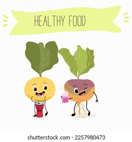Vector Illustration with funny cartoon characters swede, rutabaga, turnip. Funny and healthy food. Vitamins, cute face food, ingredients, vegetarian, vector cartoon, antioxidant.