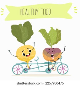 Vektorgrafik mit lustigen Cartoon-Charaktere Swede, rutabaga, Rübstiel. Frohes und gesundes Essen. Vitamine, süße Gesichtsessen, Zutaten, Vegetarier, Vektorgrafik, Antioxidans.