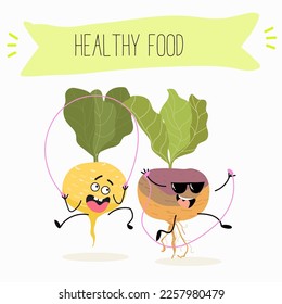 Ilustración vectorial con graciosos personajes de caricatura bardidos, rutabaga, nabo. Comida divertida y saludable. Vitaminas, lindos alimentos faciales, ingredientes, vegetarianos, dibujos vectoriales, antioxidantes.