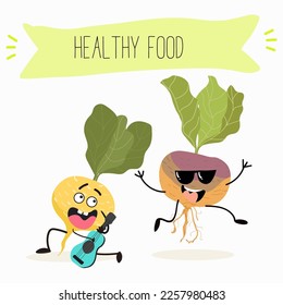 Vector Illustration with funny cartoon characters swede, rutabaga, turnip. Funny and healthy food. Vitamins, cute face food, ingredients, vegetarian, vector cartoon, antioxidant.