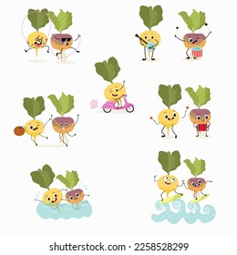 Vector Illustration with funny cartoon characters set of swede, rutabaga, turnip, collection of characters doing sports, playing musical instruments, riding. Funny and healthy food. 