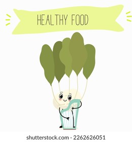 Ilustración vectorial con graciosos personajes caricaturistas de rábano picante, colirrábano. Comida divertida y saludable. Vitaminas, lindos alimentos faciales, ingredientes, vegetarianos, dibujos vectoriales, antioxidantes.
