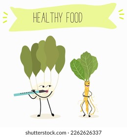 Vector Illustration with funny cartoon characters horseradish, kohlrabi. Funny and healthy food. Vitamins, cute face food, ingredients, vegetarian, vector cartoon, antioxidant.