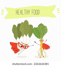 Ilustración vectorial con graciosos personajes caricaturistas de rábano picante, colirrábano. Comida divertida y saludable. Vitaminas, lindos alimentos faciales, ingredientes, vegetarianos, dibujos vectoriales, antioxidantes.